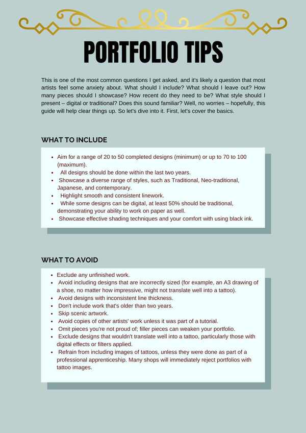 Portfolio tips page from The Tattoo Apprentice